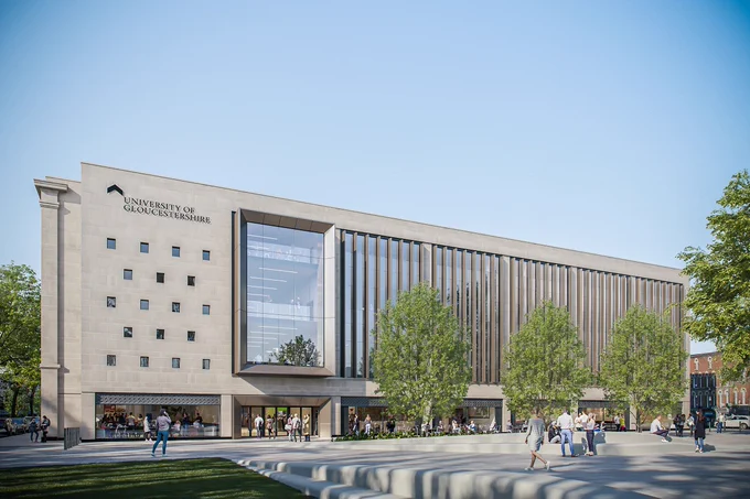 A CGI of the City Campus exterior, formerly the Debenhams building, in Gloucester city centre