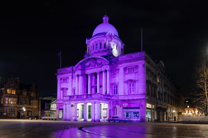 Hull City Hall lit up purple