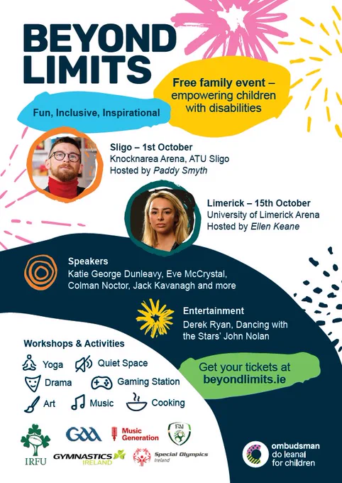 A poster advertising Beyond Limits 2022. Pictured is Ellen Keane and Paddy Smith. Ellen will be hosting in University of Limerick Arena. Paddy will be hosting in Sligo, Knocknarea Arena. There will be activities and workshops with IRFU, GAA, Music generation and more. 