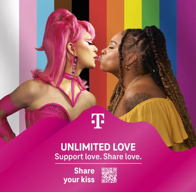 Afbeelding van twee personen die elkaar via de KissCam een virtuele kus geven. Tekst: Unlimited Love. Support Love. Share Love. Share your kiss.