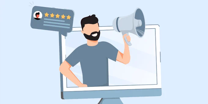 A smiling person with a megaphone emerges slightly from a computer monitor. Next to them, there is a bubble indicating a five-star rating.