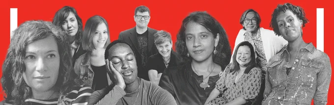 a collage of season artists headshots - diverse and eclectic in various sizes and styles, on a red background with two vertical graphic white lines on each side framing them.