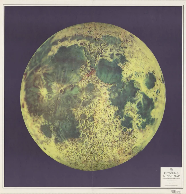 Image of a "Pictorial Lunar Map" (title in lower right corner of the sheet), using an orthographic projection at 1:5,000,000 (approximate), showing the near side of the moon (that due to "tidal locking," always faces the Earth) with green "seas" and yellow craters .
