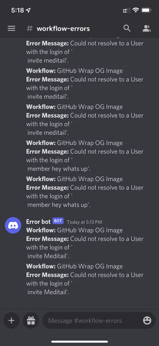Screenshot of the Discord chat with error messages from GitHub Wrap