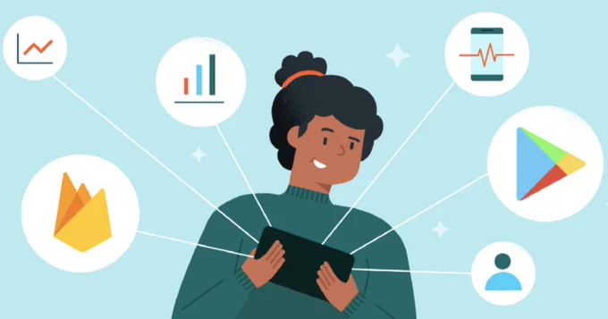 Illustration of a woman holding a tablet with various logos linking out from it, including Firebase, Google Play, a chart, a phone, and more against a light blue background.