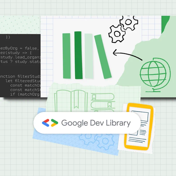 Google Dev Library logo surrounded by animated books, gears, code, and a globe