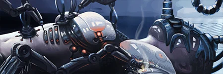 a heavily cybernetically augmented organic on an operating table; robotic arms are installing additional implants
