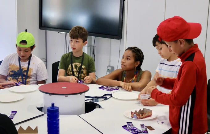 The young people building their chocolate bridges 