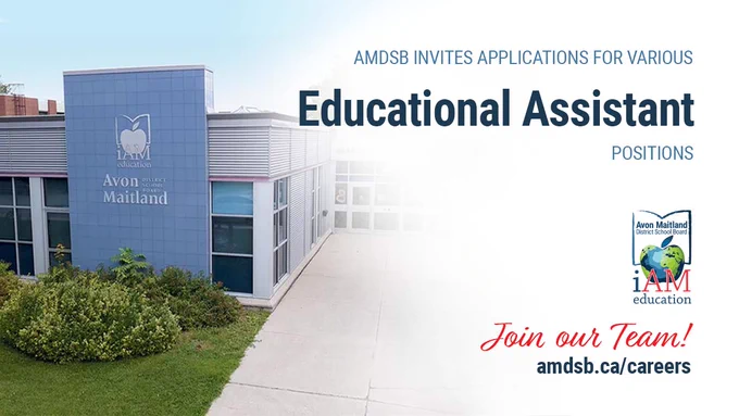 Image of AMDSB head office. Text: AMDSB invites applications for various Educational Assistant positions. AMDSB logo. Text: Join our team! amdsb.ca/careers