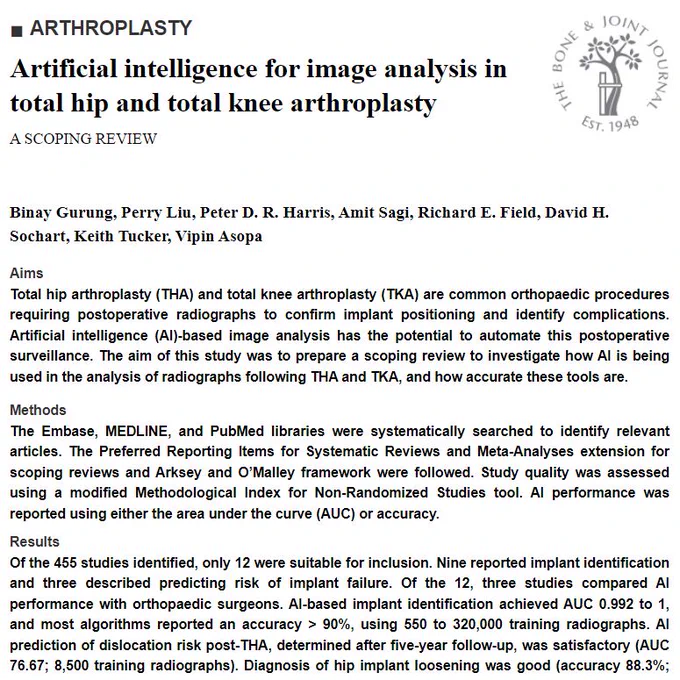 Abstract text for the article titled 'Artificial intelligence for image analysis in total hip and total knee...'.