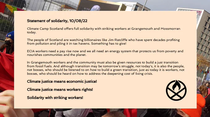 Statement by Climate Camp Scotland. The text is a facsimile of the twitter thread above. 