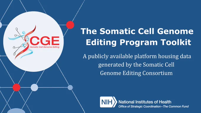 SCGE Somatic Cell Genome Editing logo. Text on image, The Somatic Cell Genome Editing Program Toolkit. A publicly available platform housing data generated by the Somatic Cell Genome Editing Consortium. 