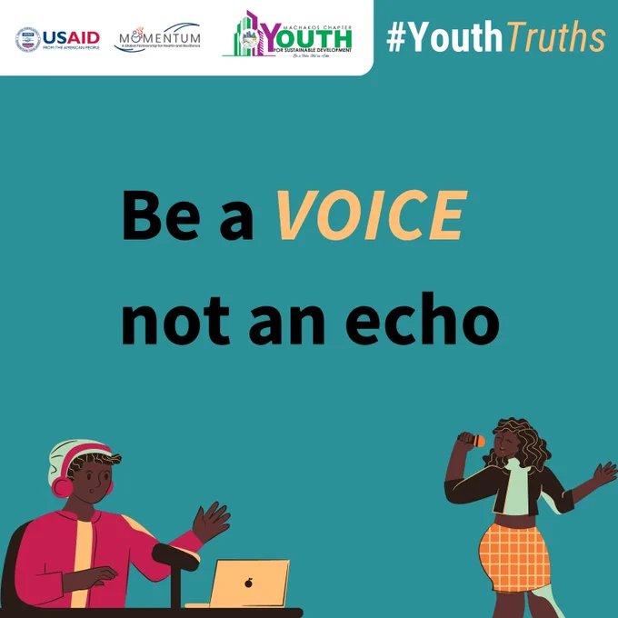 Text on a blue background says, "be a voice not an echo." At the bottom of the graphic are two illustrations, one of a young man speaking into a microphone and another of a young woman singing into a microphone.