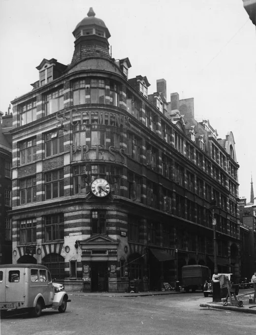 Black and white image showing exterior of the St Clement's Press building, circa 1959. 