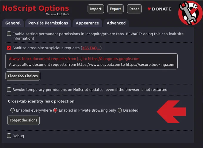 A screenshot of the "NoScript Options>Advanced>Cross-tab-identity leak protection" configuration panel.
