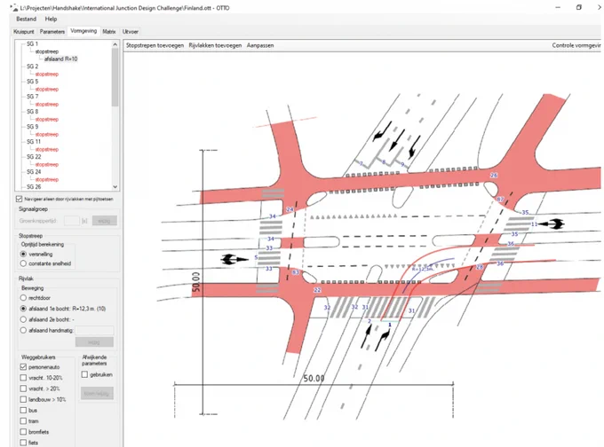 A computer-aided drawing of an intersection design that includes Dutch-style, separated cycle tracks indicated in red.