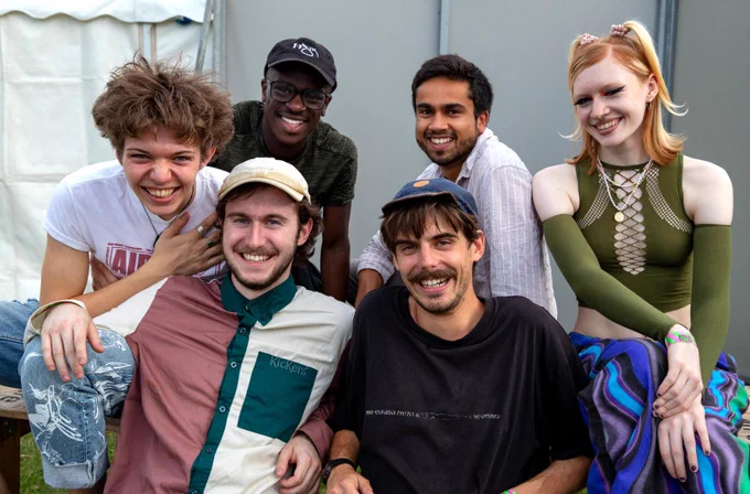 Group photo of Air Circus with members of Phantom Booth and Worm Immortality Team