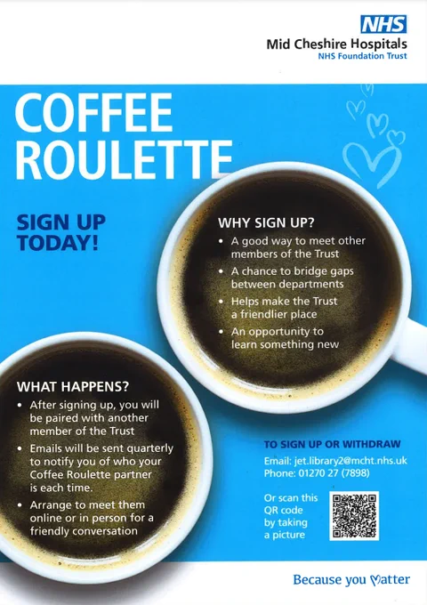 A poster with a blue background. Two cups of coffee from a birds-eye view. QR code in lower right corner. 