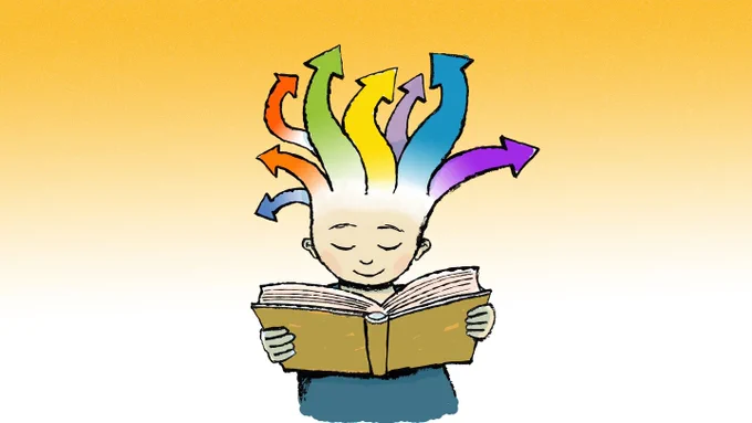 illustration of a kid reading and holding an open book with multi-colored arrows coming out of their head and pointing in all directions