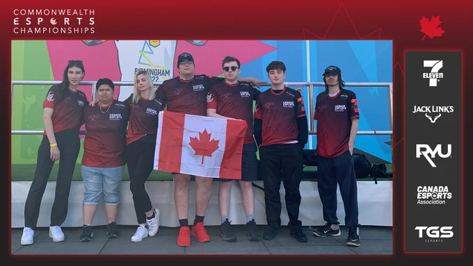 Team Canada poses with the Canadian Flag in Birmingham