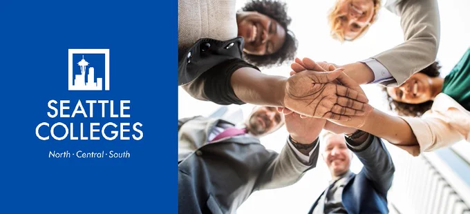 Seattle Colleges logo with North, Central, South and and image of a diverse group of people putting their hands together in a show of teamwork