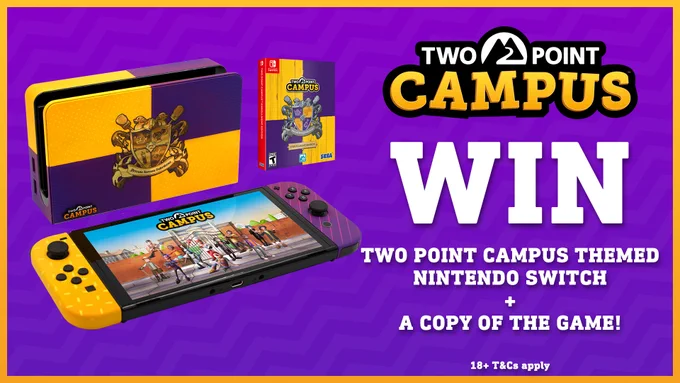 Win a custom Two Point Campus themed Nintendo switch, with gold and purple joycons, and dock. Plus a copy of the game on Nintendo Switch