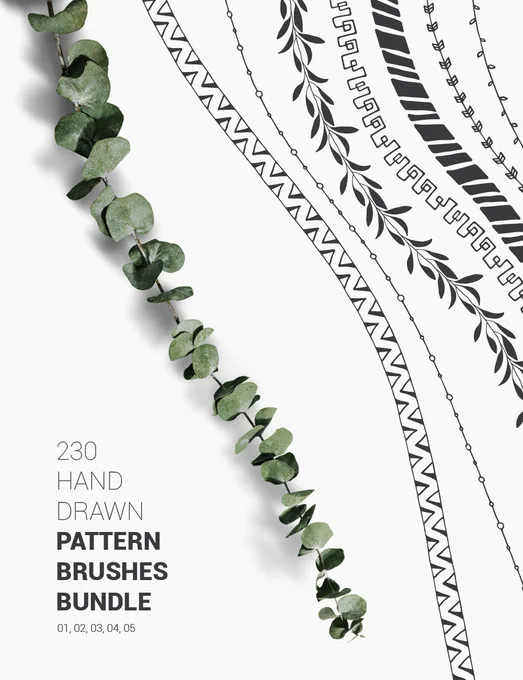 Set of 230 geometric, tribal, and floral pattern brushes, which were all hand drawn with love, scanned, and carefully vectorized. You can use them to create mandalas, patterns, decorative frames, borders and dividers, and all kinds of decorative design elements for scrapbooking, journaling, wedding and party invitations, birthday cards, photo albums, baby shower cards, banners, logos, business cards and stationery, tags, labels, stickers, websites, blogs, etc.