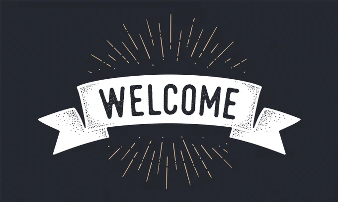 A white banner reads WELCOME in navy blue text. The banner is on a navy blue background surrounded by a yellow starburst design.