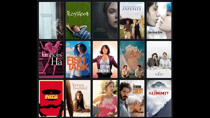 A grid of 15 movies posters showing a sample of the IFC Films now available on Kanopy.