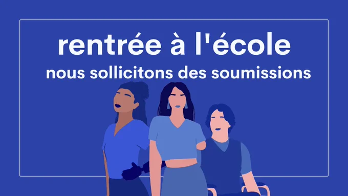 Illustrations of three disabled students: a black woman with a prosthetic arm, a latina woman without an arm, and a white man in a wheelchair. Text reads "rentrée à l'école: nous sollicitions des soumissions"