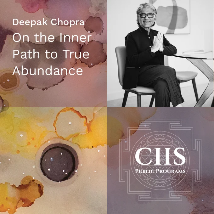 Abstract design, a larger square, cut into four smaller squares. White text at top left reads, "Deepak Chopra. On the Inner Path to True Abundance." Our logo is at bottom left. At the top right is Deepak Chopra's black and white headshot.
