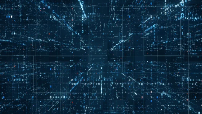 Computer code floating in a 3D-void of translucent blue cubes.