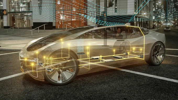 Schematic illustration of the inner structure of a futuristic vehicle.