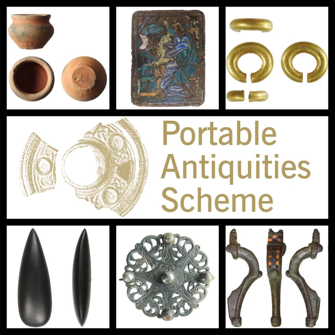 A seven panel grid showing three archaeological objects at the top - left to right a Roman ceramic vessel, a medieval enamelled plaque showing St Luke, a Bronze Age gold penannular ring. In the middle is the Portable Antiquities Scheme's logo. On the bottom row are three archaeological objects - left to right, Neolithic porcellanite axehead, Early Medieval Twewhiddle style silver brooch, Roman 'Wirral' brooch with blue and orange enamel at the top