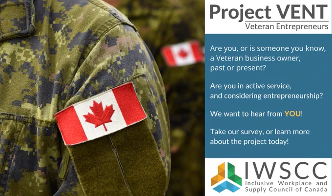 The Canadian flag visible on a military uniform. Project VENT is a survey for Veteran entrepreneurs by the IWSCC.