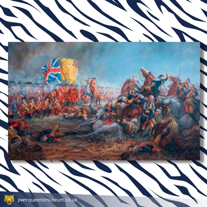 Painting of the Anglo-German army pushing the French cavalry from the field during the Battle of Minden. 

The painting is upon a navy-blue, tiger-striped background. The PWRR and Queen’s Regiment Museum logo is in the bottom left hand corner. Alongside the logo is the Museum’s website address, pwrrqueensmuseum.co.uk