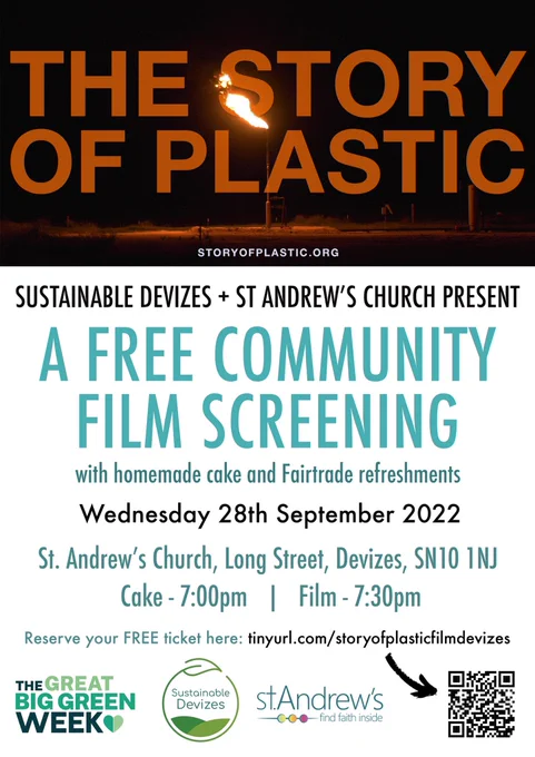 A poster for a free community film screening of The Story of Plastic at St. Andrew’s Church in Devizes on 28th September at 7pm