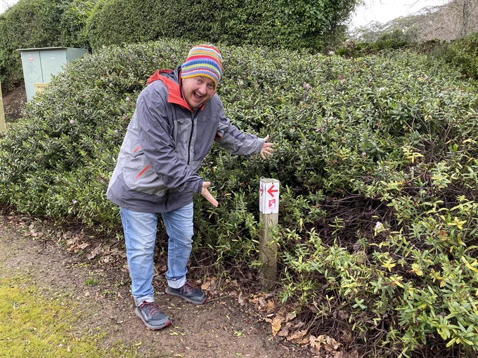 Person excitedly gesturing to a white and red direction marker on a short post in a hedge