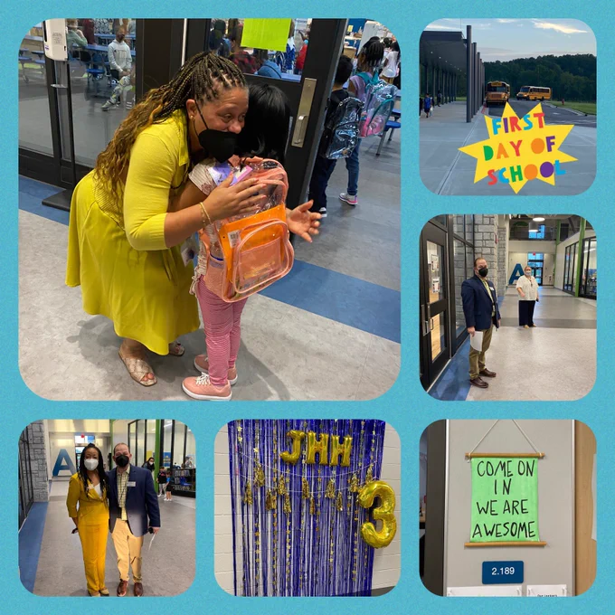Images of students arriving at JHH Elementary, teachers hugging and welcoming students, buses arriving, and hallway displays welcoming students.