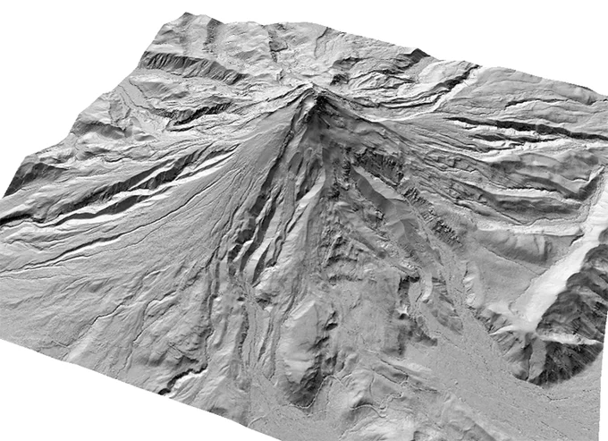 Hillshade of Mount Hood, Oregon from the OpenTopography OpenLandform Catalog.