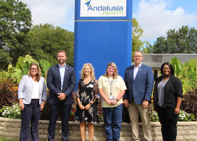 Pictured from L to R: LBWCC Dean of Instruction, Dr. Shannon Levitzke; LBWCC President, Dr. Brock Kelley; Andalusia Health CNO, Penny Nole; Andalusia Health Director of Inpatient Services, Savannah Chapman; LBWCC Director of Workforce, Chad Sutton; AOA Project Manager for Region 5 & 6, Tawanna Robinson.