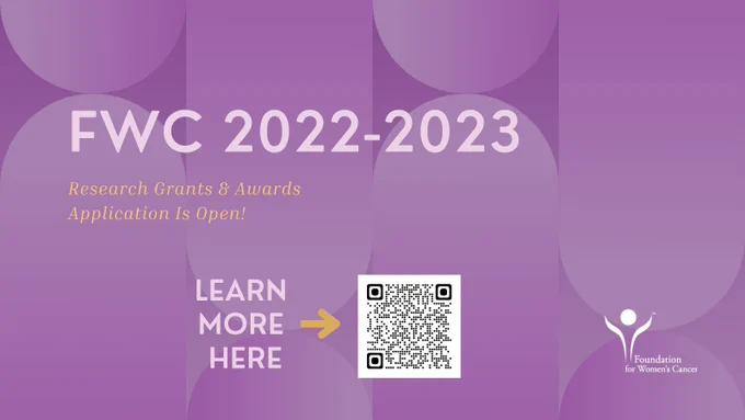 Deep purple background with lighter purple ovals aligned vertically. There is a QR code and a logo for the FWC.