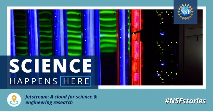 Red, green, and blue lights on the Jetstream system. Science Happens Here: Jetstream: A cloud for science and engineering research.