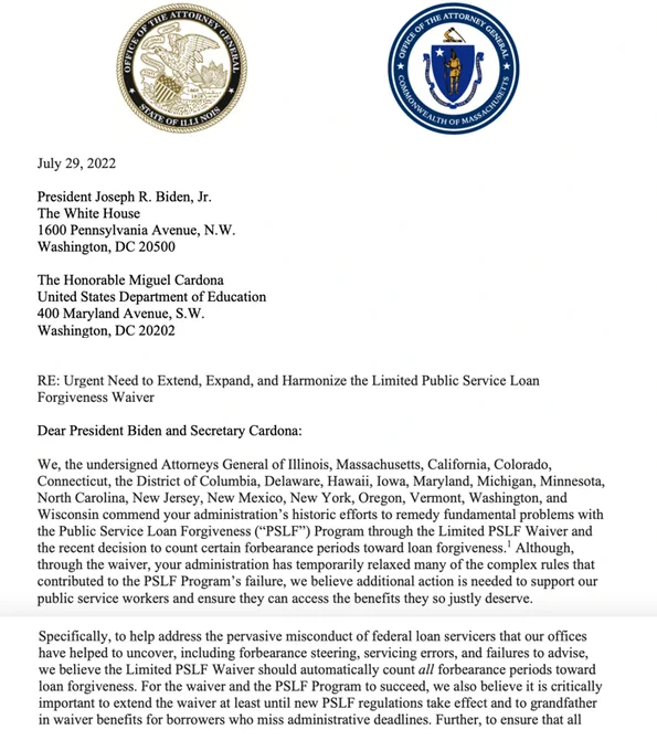 Screenshot of the first two paragraphs of the mentioned letter, and a screenshot of all of the AG signatures from the letter.