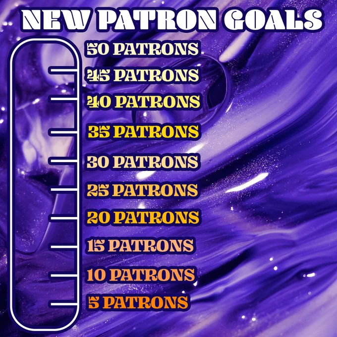 A photo of purple slime with text on top and a progress bar that is empty with notches in the side. The notches read from the bottom to the top, "5 patrons, 10 patrons, 15 patrons, 20 patrons, 25 patrons, 30 patrons, 35 patrons, 40 patrons, 45 patrons, 50 patrons."