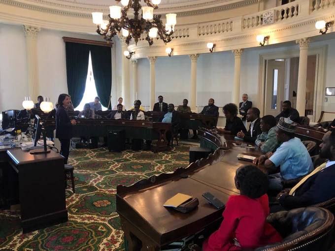 Sen. Balint speaks with members of the Young African Leaders Initiative in the Vermont Senate Chamber