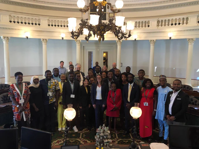 Sen. Balint and Speaker Krowinski pose with the Mandela Fellows in the Vermont Senate Chamber