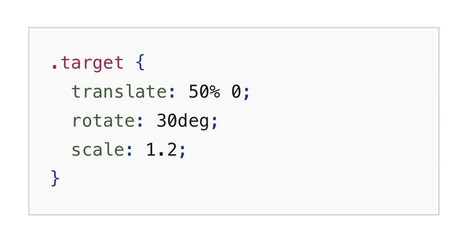 .target {
  translate: 50% 0;
  rotate: 30deg;
  scale: 1.2;
}
