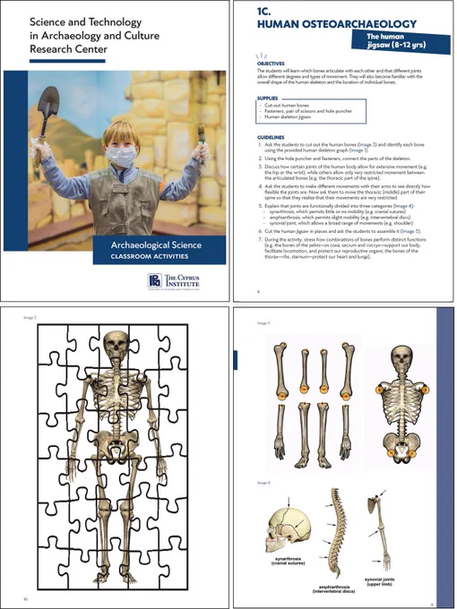 Cover page and representative activity from the Human Osteoarchaeology section of the archaeological science classroom activities booklet. Depicts a child holding a shovel and brush, text on human osteoarchaeology and a human skeleton puzzle. 