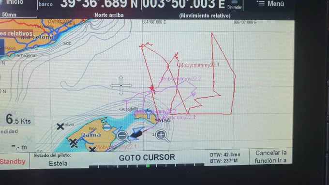 Chart of ~1200 miles surveyed N of Menorca - you can figure out where we found sperm whales by looking at the squigilly bits